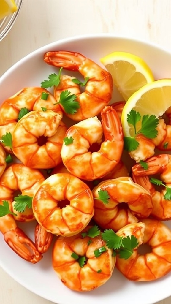 Crispy air fryer shrimp served with lemon wedges and parsley on a plate.